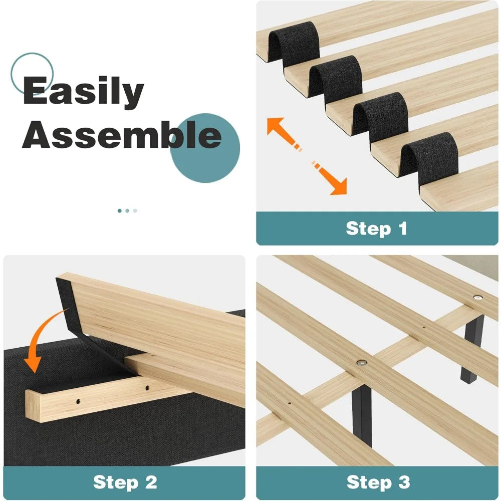 Queen Bed Frame with Headboard,Linen Upholstered Bed Frame with Wood Slats Support,No Box Spring Needed,Heavy Duty Feet
