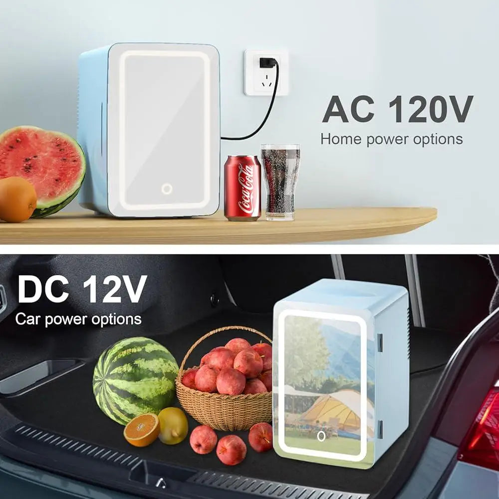 6L Mini Fridge with LED Mirror Cooler Warmer Ideal Skincare Makeup Snacks Bedroom Office Portable Chiller