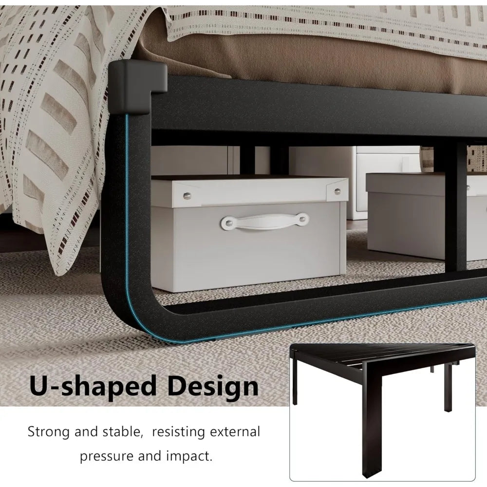 Bed Frame, Curved Metal Platform Bed Frame with Linen Upholstered Headboard, 12 Inch Under-Bed Space, No Box Spring Needed