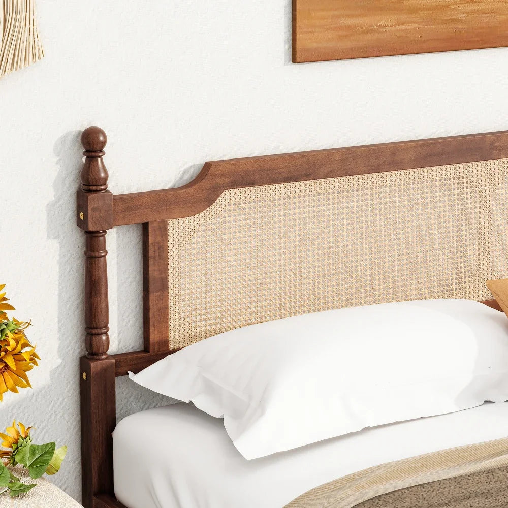King Pine wooden Bed with Rattan Headboard  and Footboard, with  Central Enhanced Bed Platform,Walnut