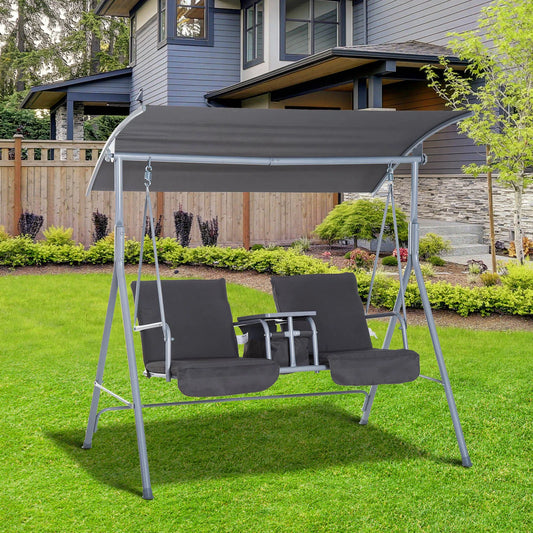 Outsunny 2 Seater Garden Swing Chair Patio Rocking Bench W/ Tilting Canopy, Double Padded Seats, Storage Bag and Tray, Grey