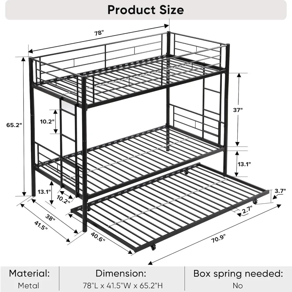 Twin Over Twin Bunk Bed Frame with Trundle,Metal Bunk Bed Bedframe with Guard Rail and 2 Ladders for Adults,Can be Divided into