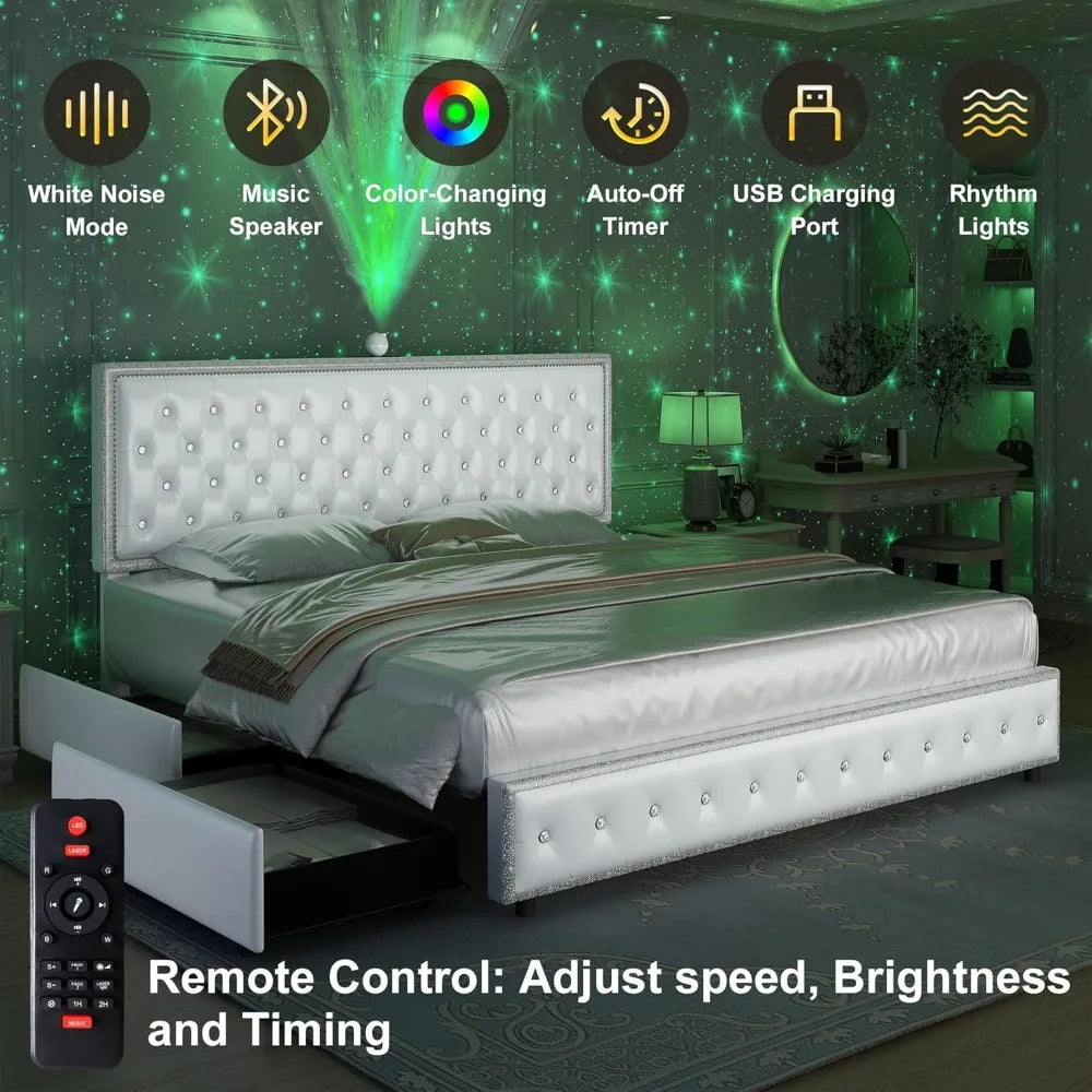 Queen led bed frame with 4 drawers，Galaxy Projector Adjustable Upholstered Headboard Diamond Bed frame with Charger Music Speake