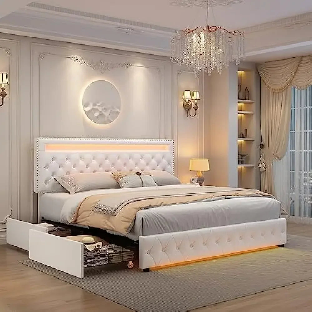 LED Queen size Bed Frame with 4 Storage Drawers, Headboard Footboard, Control DIY Color, Box Spring Optional, Bed Frame