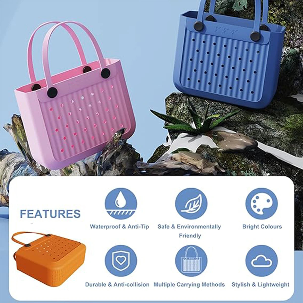 Waterproof EVA Beach Tote Bag, Large Washable Rubber Travel Handbags for Sports Travel Outdoor Anti-Tip Bag Gift for Women