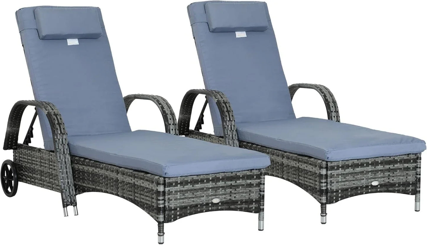 2PC Rattan Sun Lounger Recliner Bed Reclining Chair Patio Garden Outdoor Wicker Weave Adjustable Headrest