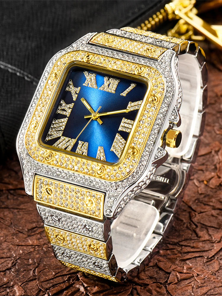 Aokaishen Iced Out Diamonds Watches 2023 Trend Stainless Steel Wristwatches for men Full Stones Zircon Quartz Square Gift
