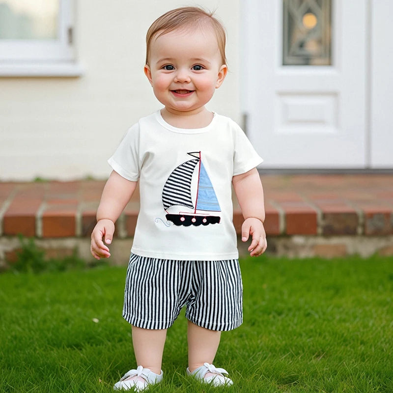 Infant Boy Nautical Theme Outfit with Anchor Applique Short Sleeve Shirt and Striped Shorts Set for Summer Fun