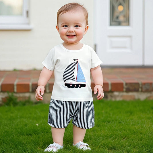 Infant Boy Nautical Theme Outfit with Anchor Applique Short Sleeve Shirt and Striped Shorts Set for Summer Fun