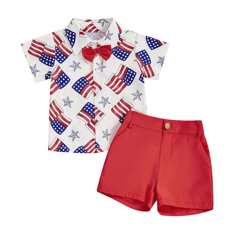 Infant Boy Independence Day Apparel Red White Blue Star Stripe Print Bowtie Top Shorts Set Kids Clothing for July 4th