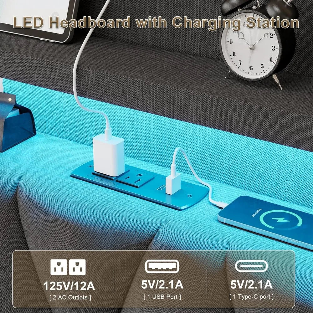 Floating Bed Frame King Size with Hidden Storage Space and Headboard, LED Lights & Charging Station, Platform Floating King Bed