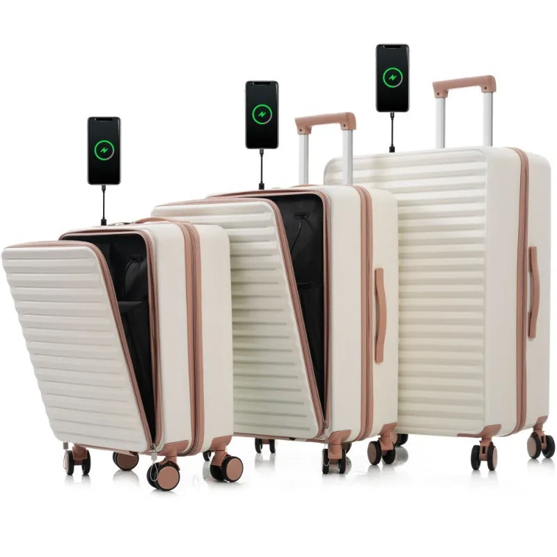3 Piece Sets20"24"28", Hard Shell Luggage Carry on Luggage Set with TSA Lock , Usb, Universal Wheel,cup Holder Rolling Luggage