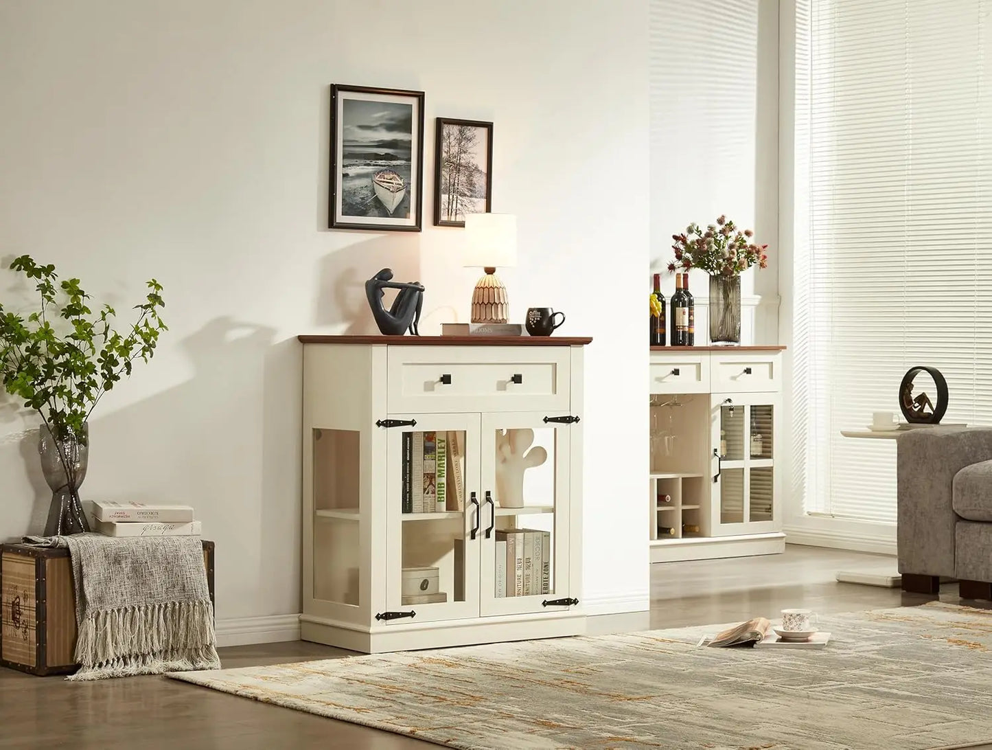 Small Buffet Cabinet with Glass Doors,Wood Coffee bar with Adjustable Shelf,Liquor Cabinet,for Living Room and Dining Room