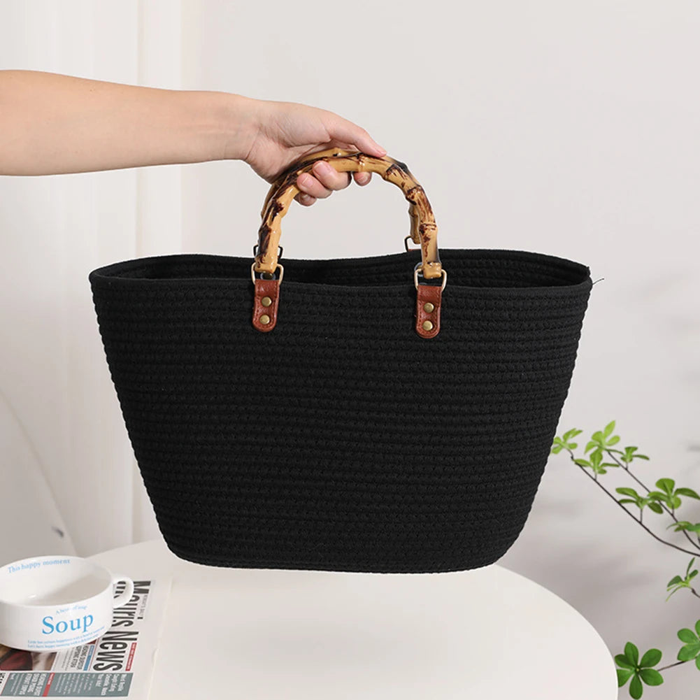 Beach Vacation Bags Bamboo Handle Women Weaving Bag Large Capacity Striped Portable Casual Fashion Exquisite for Seaside Party