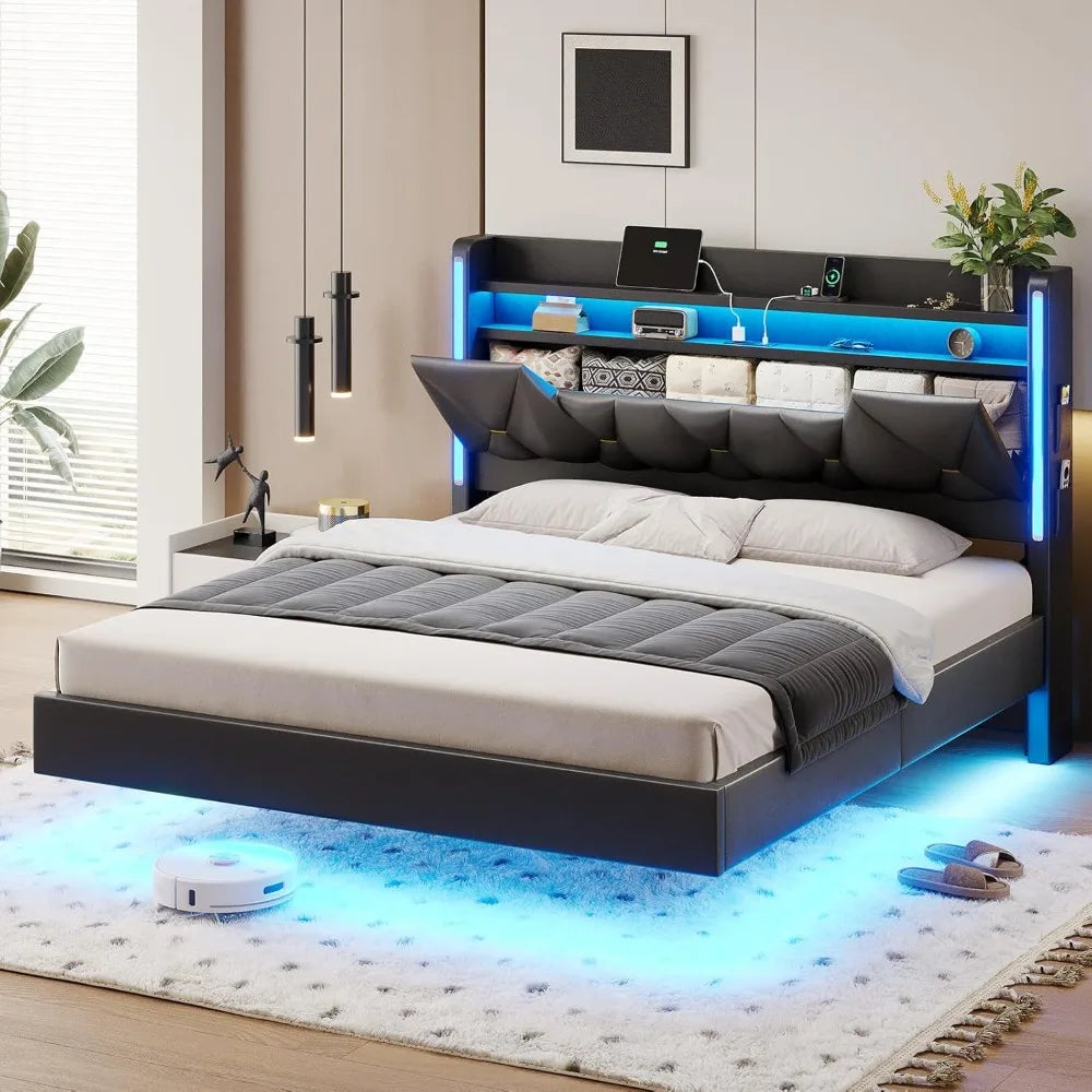 Charging Station Including 2 Sockets,Queen Size bed Frame with 2-Tier Storage Shelves,No Box Spring Needed,PU leather