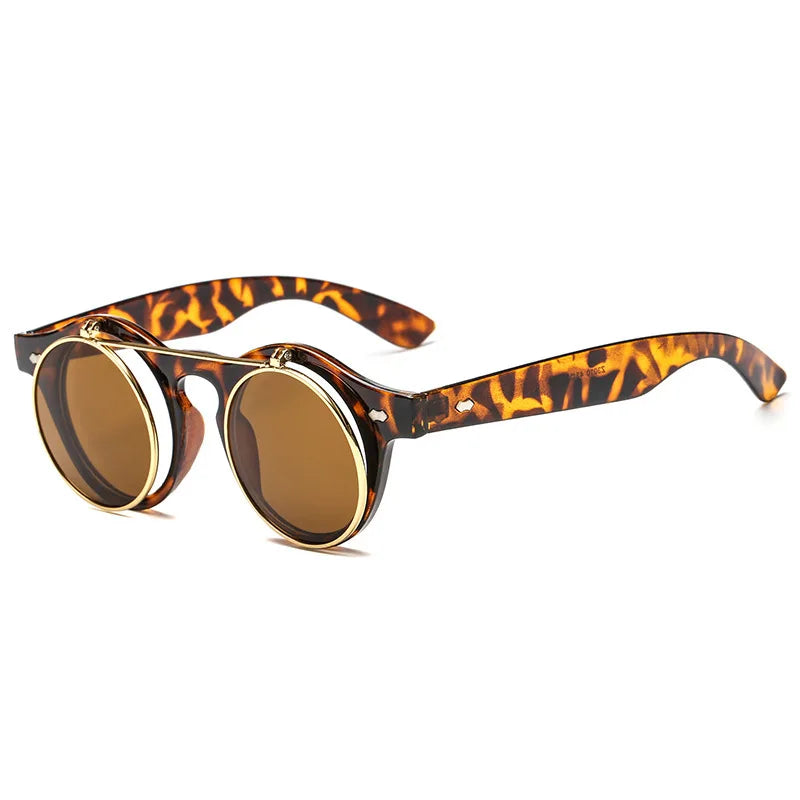 BEGREAT Small Round Double Bridges Sunglasses for Men Women Retro Punk Vintage Flip Lens Shades UV400 Men Rivets Sun Glasses