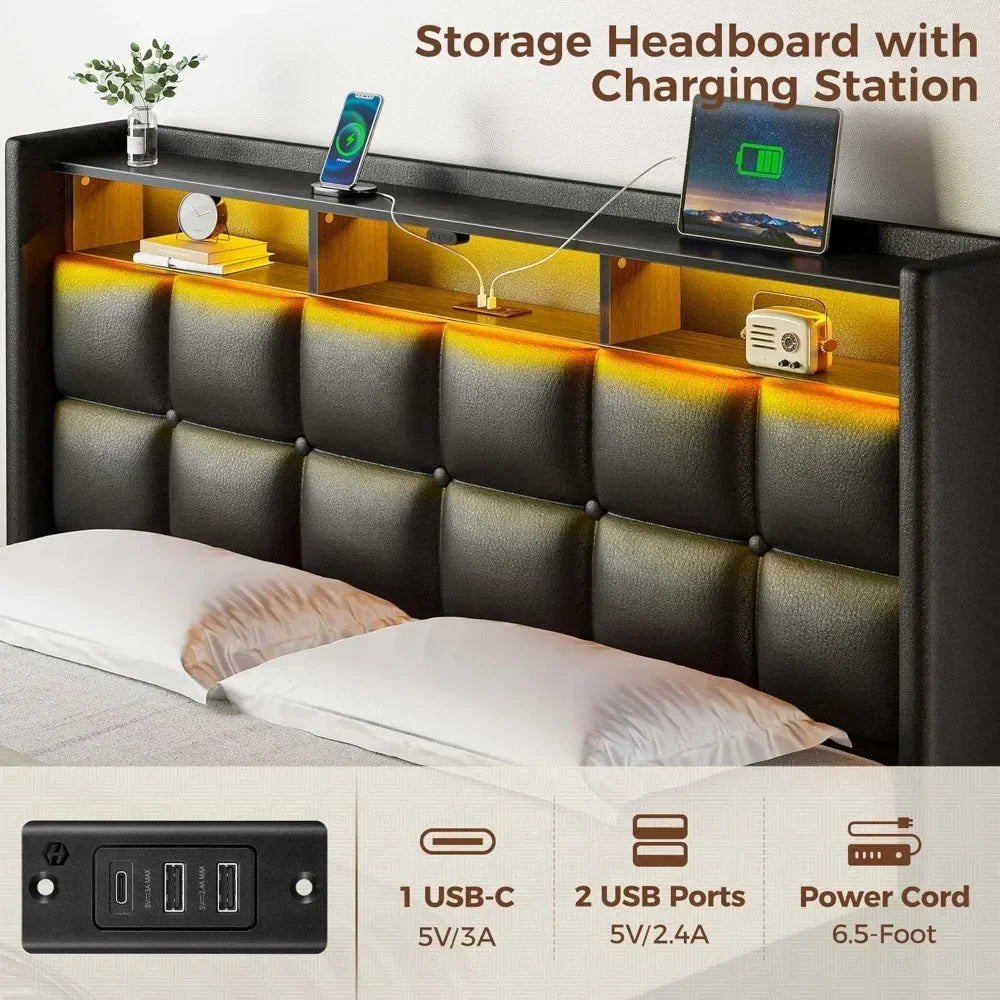 bed. Bed Frame Twin Size with Lift Up Storage, Charging Station & LED Lights, Upholstered Storage Headboard, Heavy Duty Wooden