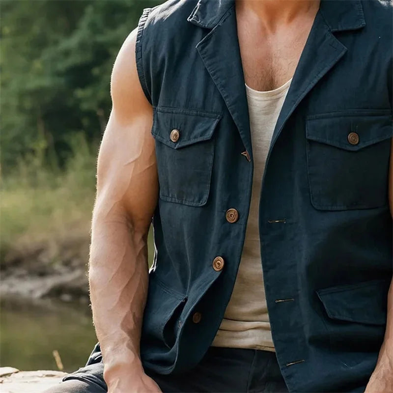 Men s Solid Color Sleeveless Button Down Tank Top with Turn Down Collar and Convenient Pockets for a Stylish Look