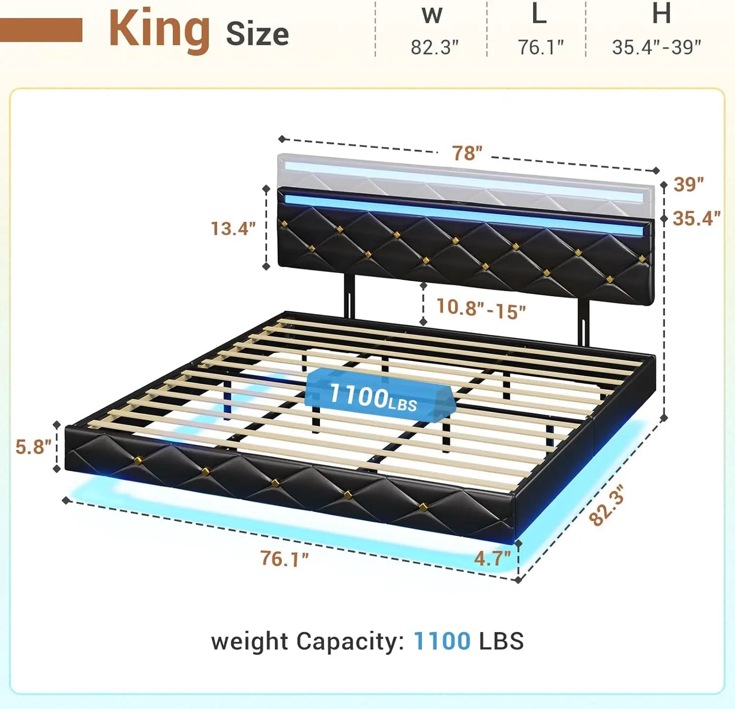 Floating Bed Frame King Size with LED Lights and Charging Station, Modern King Platform Bed with Vegan Leather Upholstered