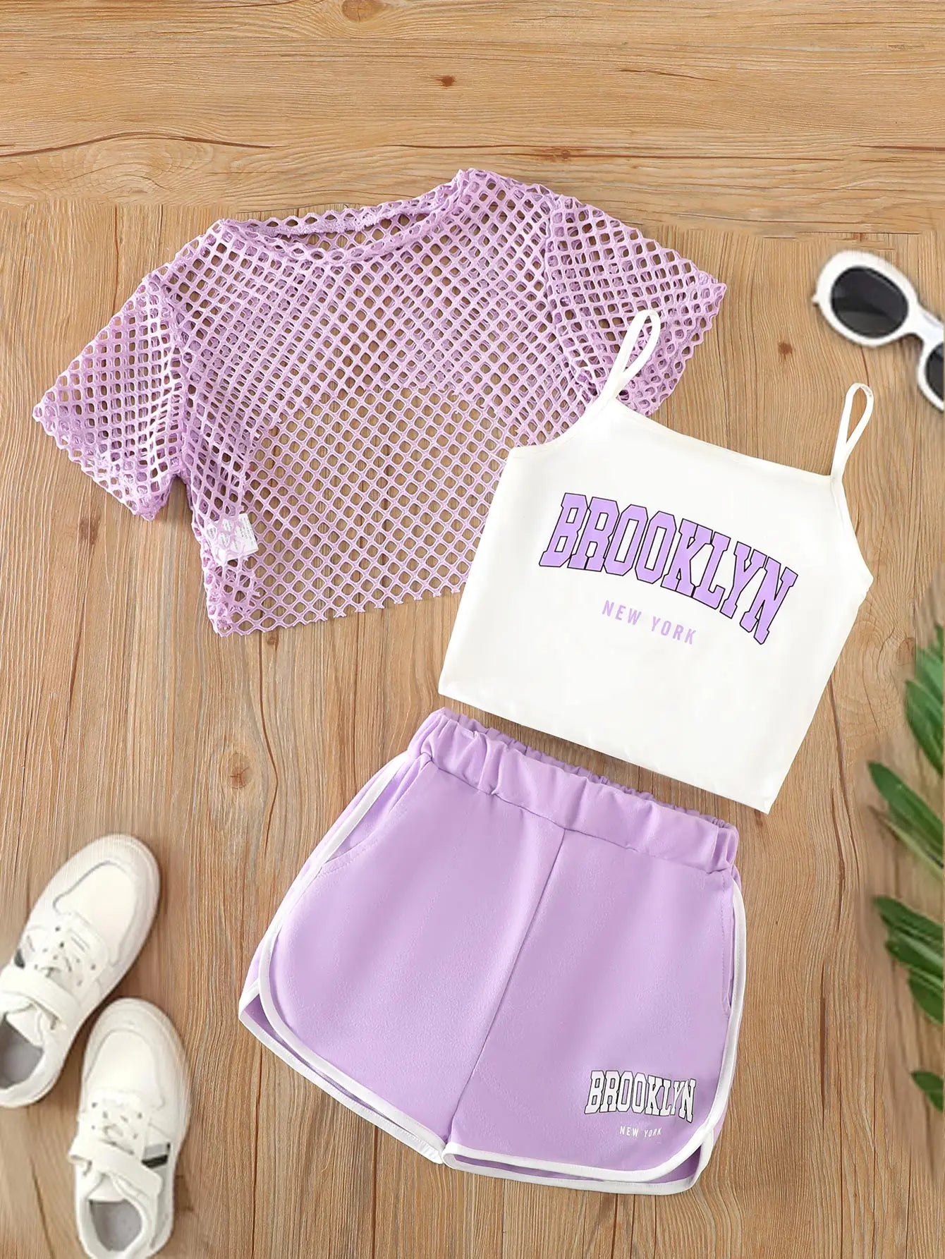 Girls Three-Piece Clothing New Breathable Summer Thin Fashion Short-Sleeved Mesh Top + Letter Printed Short Vest Suspender + Letter Printed Sports Shorts