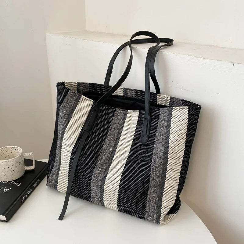 Raffia Summer Bags for Woman 2024 Stripe Designer Shoulder  Crossbody Shopper Storage Bag Women Casual Canvas Handbag Tote Bag