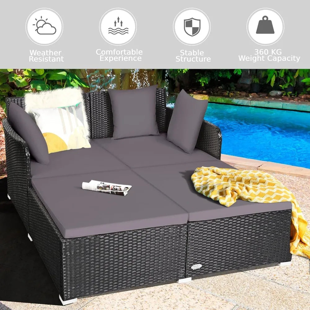 Outdoor Rattan Daybed, Patio Sofa Bed Sun Lounger Couch, Wicker Weave Loveseat Conversation Furniture Set, Deck Chair