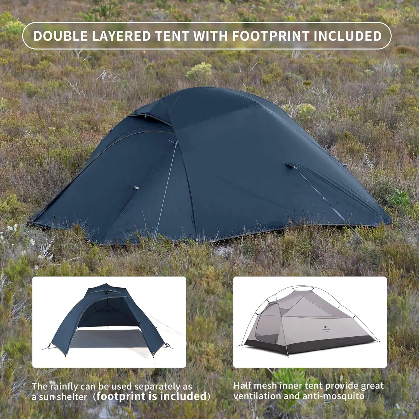Cloud-Up 3 Person Tent Lightweight Backpacking Tent with Footprint - 3 Season Free Standing Dome Camping