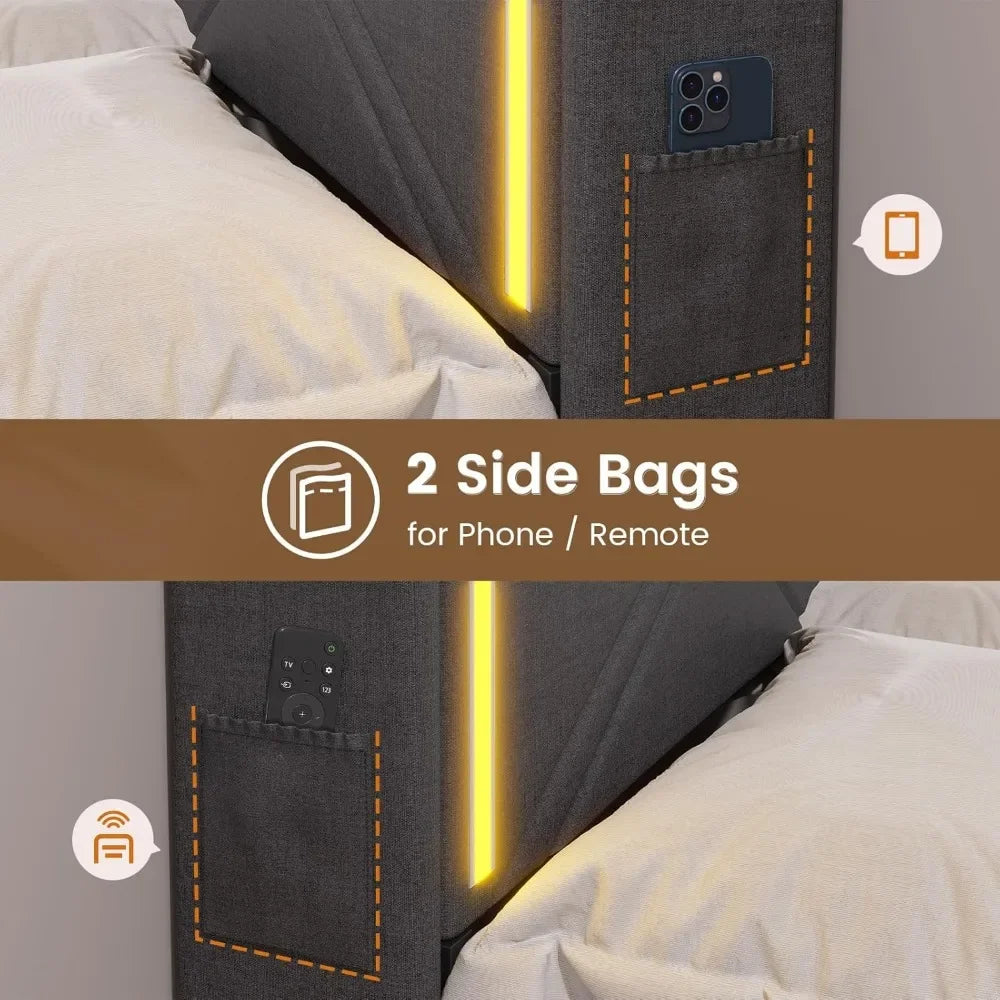 Queen Bed Frame with RGB LED Lights Headboard & USB-C/A Charging Station, Upholstered Platform Bed with Storage Drawers