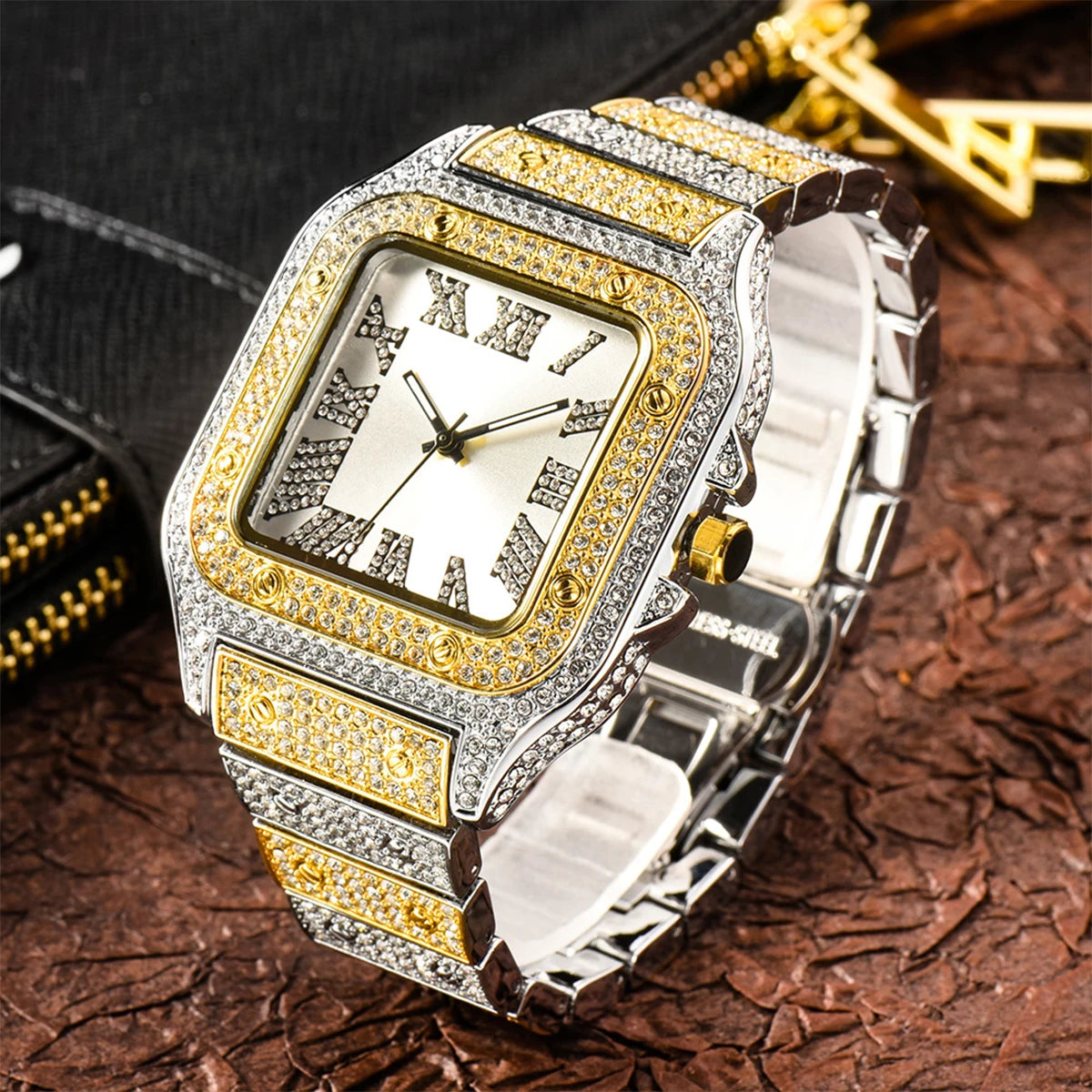 Aokaishen Iced Out Diamonds Watches 2023 Trend Stainless Steel Wristwatches for men Full Stones Zircon Quartz Square Gift