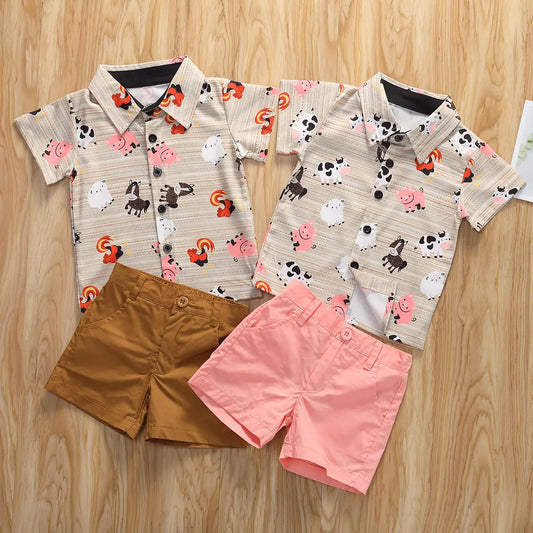 Lioraitiin 0-5years Toddler Boy Summer Clothes Set, Short Sleeve Printed Button Shirt+Solid Color Shorts Outfit