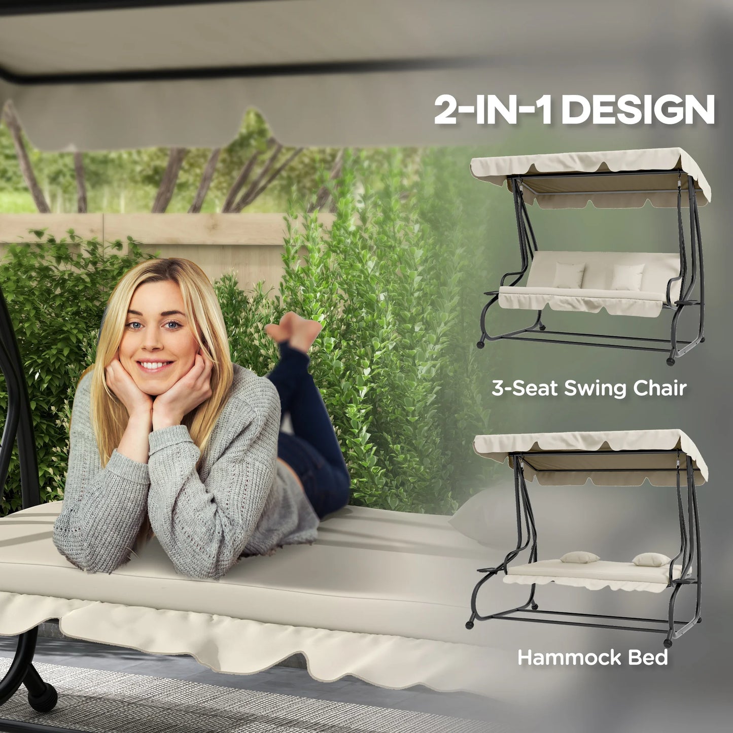 Outsunny 2-in-1 Garden Swing Seat Bed, 3 Seater Convertible Swing Chair Bench with Tilting Canopy, Cushioned Seat and 2 Pillows
