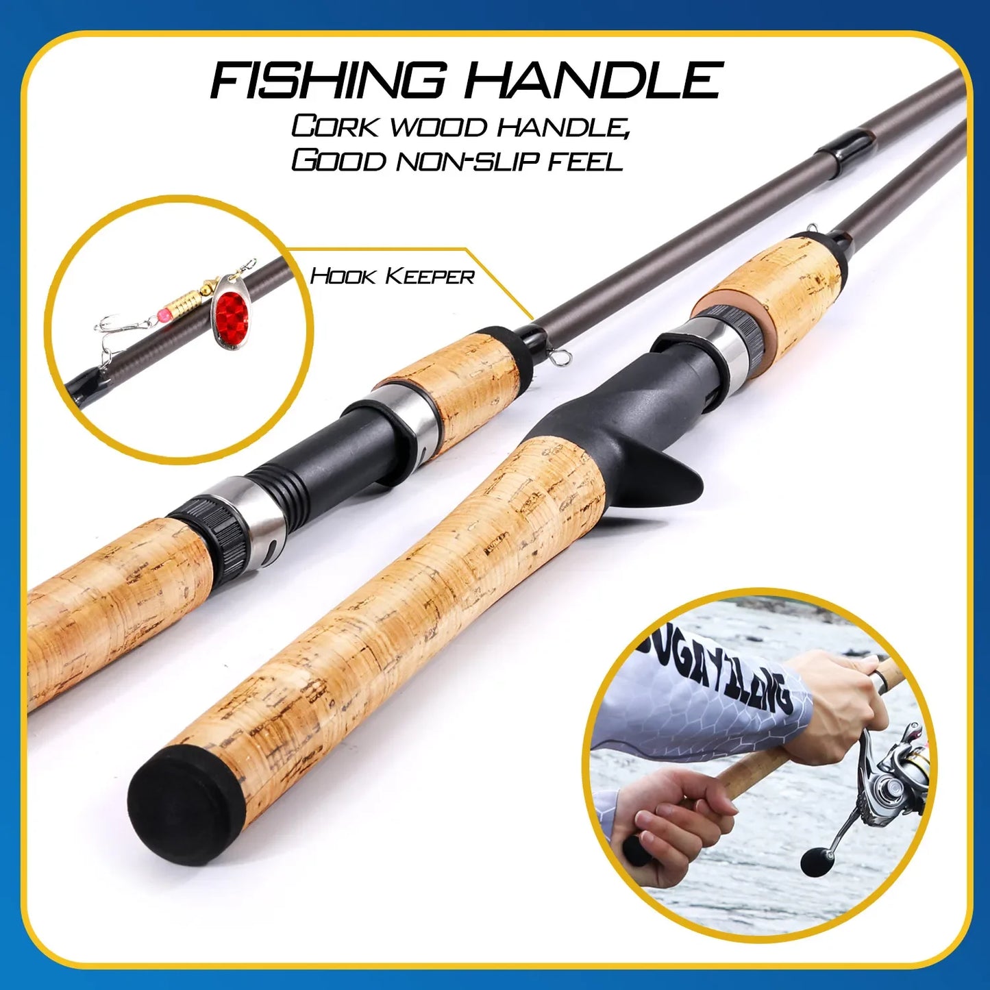 Sougayilang 2.1m Ultra Light Wooden Handle Spinning Rods Casting Fishing Pole Carbon Fibre Bass Trout Rods Cork Handle Pole