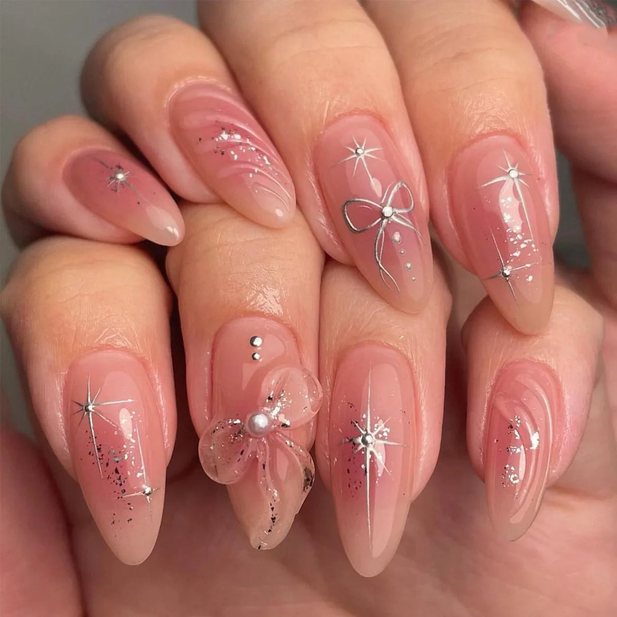 24pcs Aurora Nude Pink Press on Nails Almond Acrylic Sweet Fake Nails with 3d Charms Butterfly Florals Full Cover Flower Nails