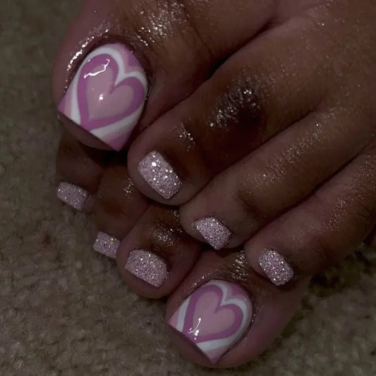 24pcs Shiny Pink False Toe Nails with Love Heart Design Summer Press on Toenails Fashion Sweet Girls Manicure Fake Toenail Patch