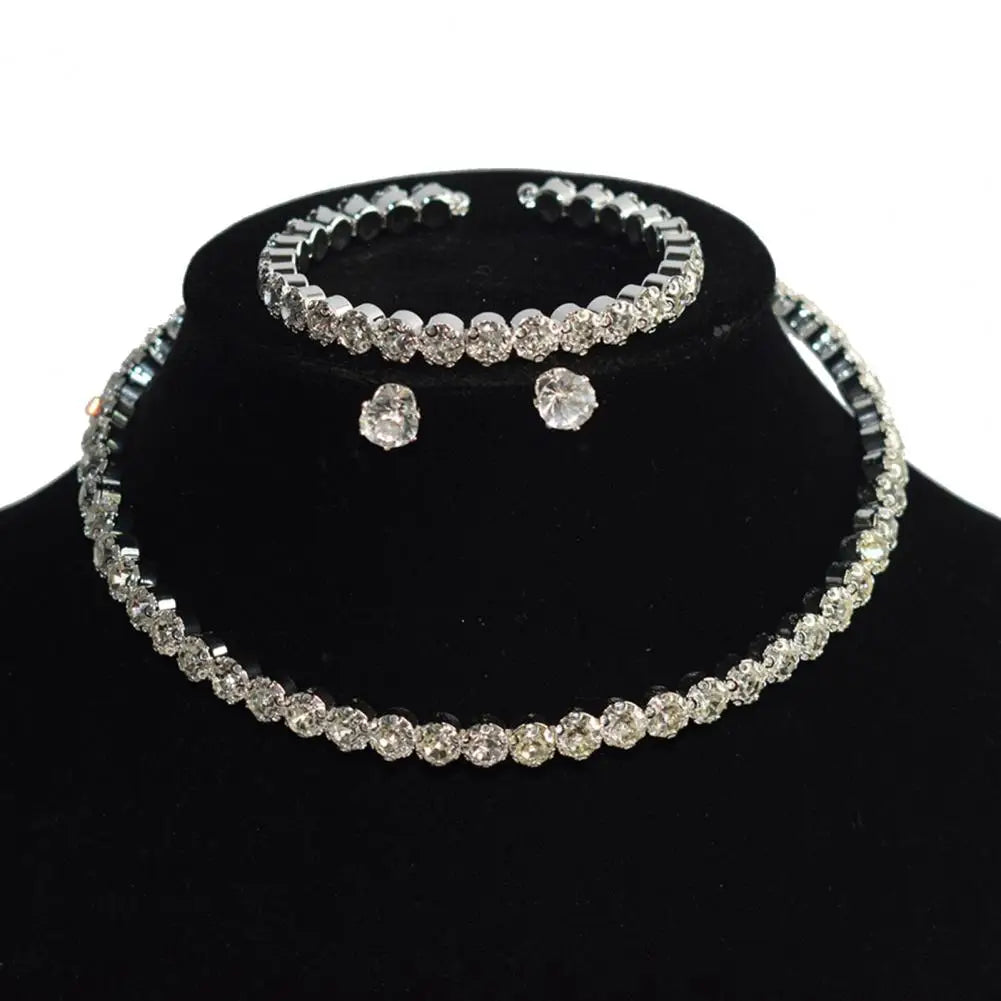 4Pcs/Set Luxury Women Necklace Jewelry Suit Electroplating High Gloss Female Shining Rhinestone Earrings Bracelet Necklace Set