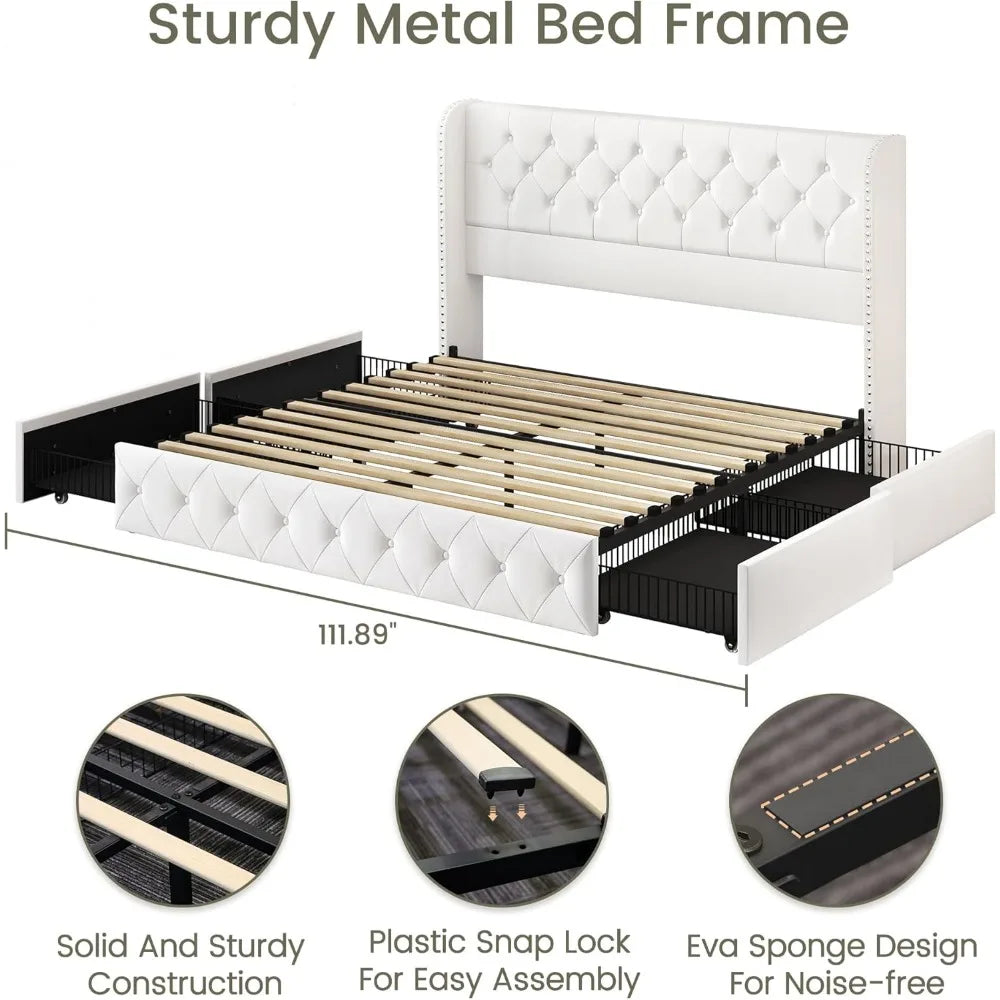 King Size Bed Frame with 4 Storage Drawers and Wingback Headboard Velvet Upholstered Platform Bed Frame Tufted Beds with Wooden