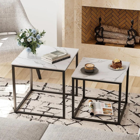 Coffee Table Set of 2, Modern Black Wooden Side Table, Metal Frame Square End Table, Center Tables,Nesting Coffee Table for