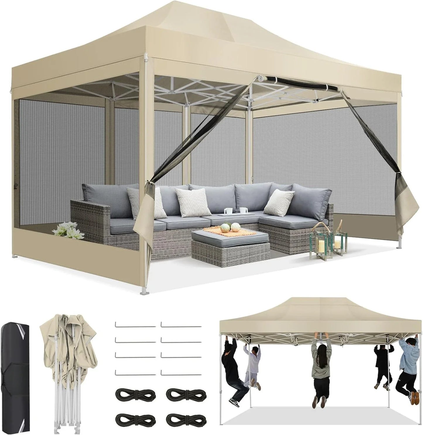 Canopy Tent 10x15 Heavy-Duty, Pop-Up Gazebo with Mosquito Netting, Waterproof Canopy with Sidewalls, Party Tent with Carry Bag