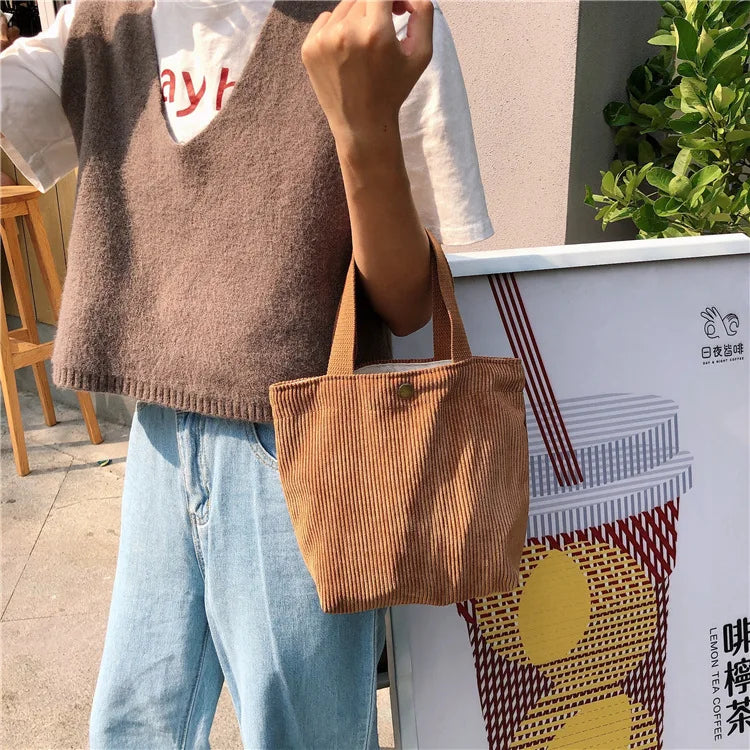 Cute Corduroy Shopper Tote Bag Woman Girls Lady Travel Shopping Cloth Handbags Lunch Bag Small Portable Hand Pouch Bag Organizer