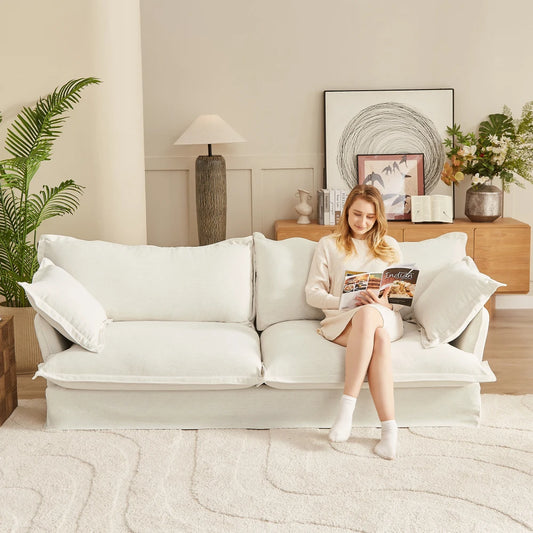 87'' Upholstered Cloud Sofa,3 Seat Fabric Couch with Pillows,Concealed Legs and Washable Covers for Living Room,Apartment,Ivory