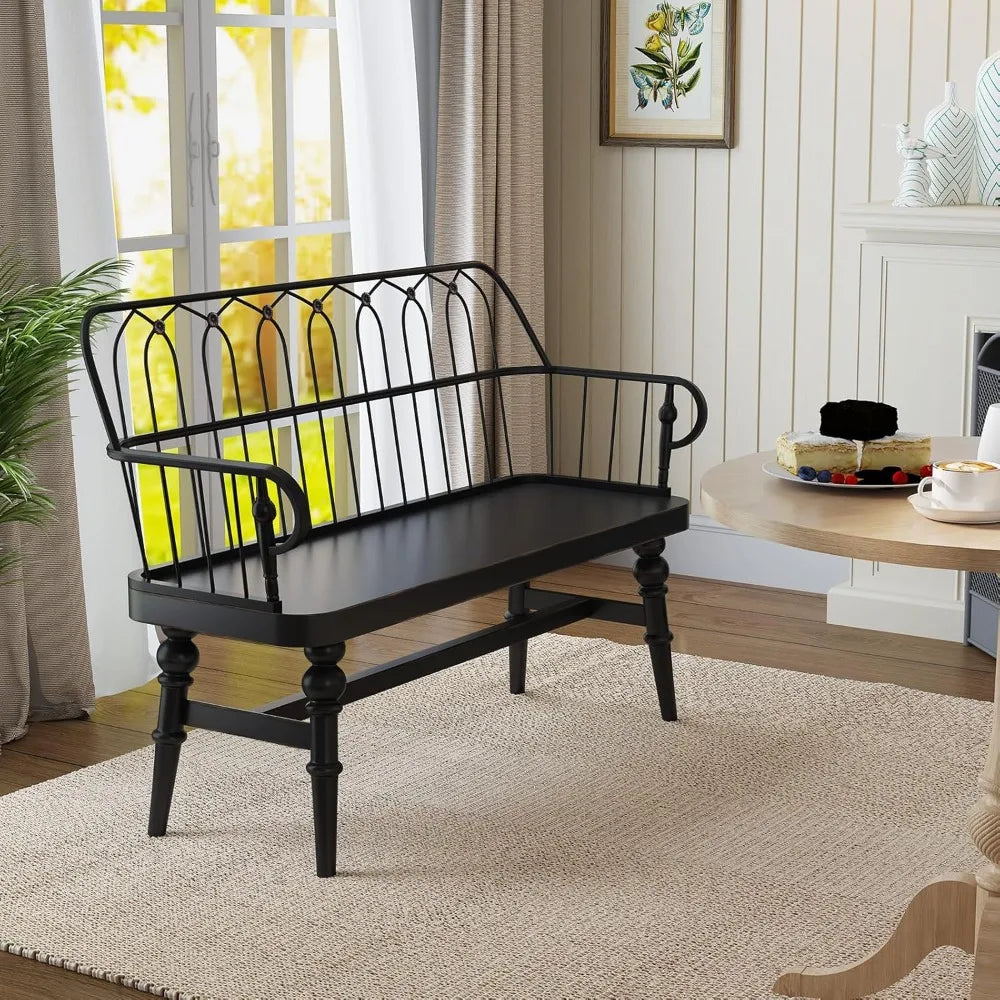 Entryway Bench, Farmhouse Dining Bench with Back, Wooden Indoor Benches Seat with Metal Spindle Back for Entryway, Hallway