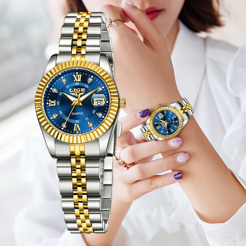 LIGE Fashion Woman Watch Stainless Steel Waterproof Auto Date Elegant Ladies Wristwatch Luxury Original Quartz Watch for Women