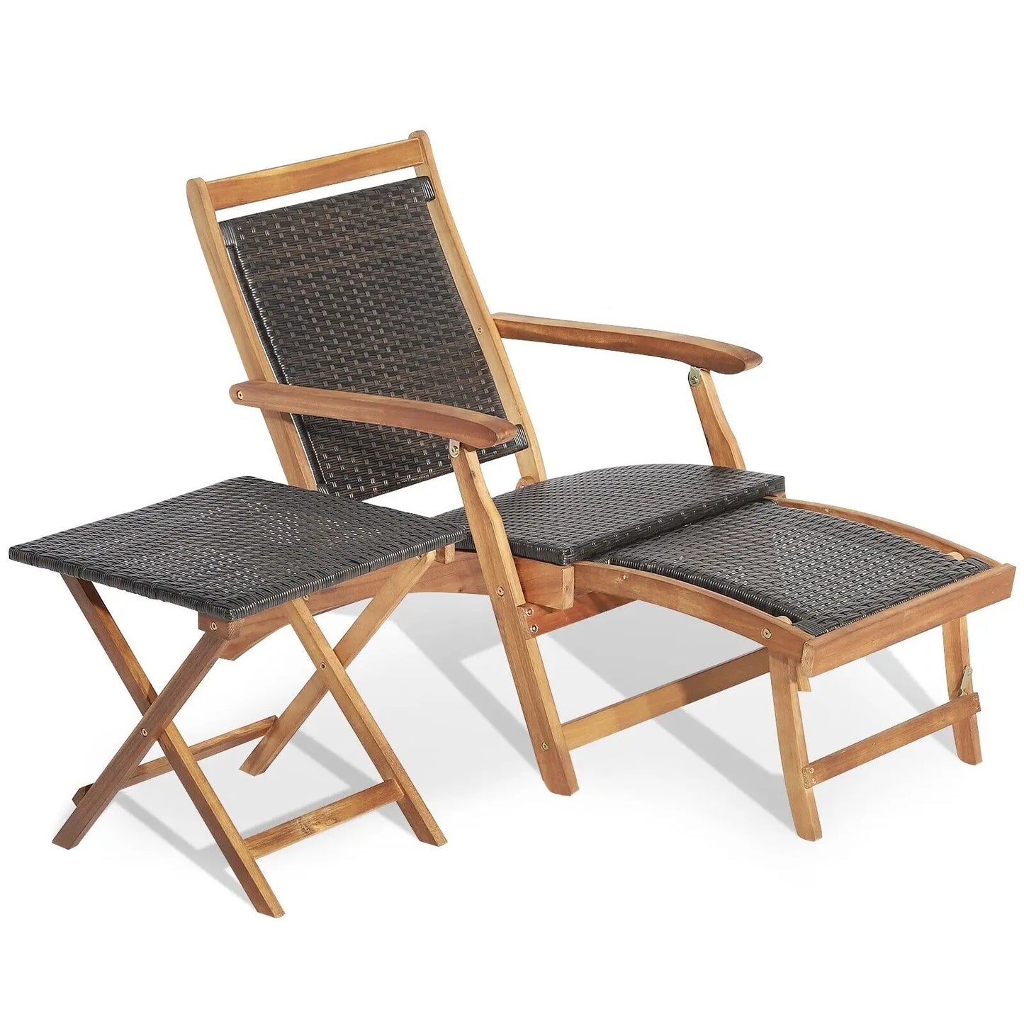 GOFLAME Folding Patio Rattan Sun Lounge Chair Table Set Wicker Table Acacia Wood Chair