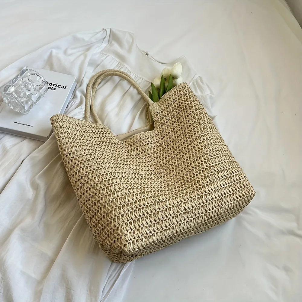 Women Beach Bag Vintage Handmade Woven Shoulder Handbag Retro Straw Shopping Totes Bags Bohemian Ladies Summer Travel Vacation
