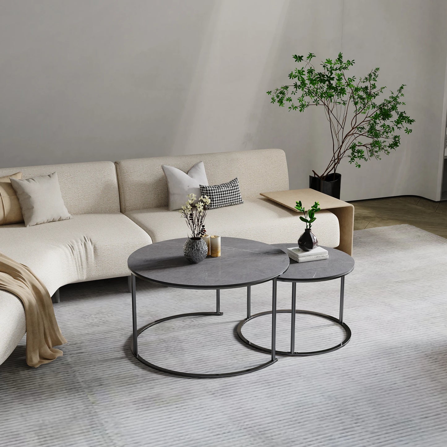 LUVODI Set of 2 Round Nesting Coffee Table Sintered Stone Stacking Marble Side End Table Accent Table for Living Room Apartment