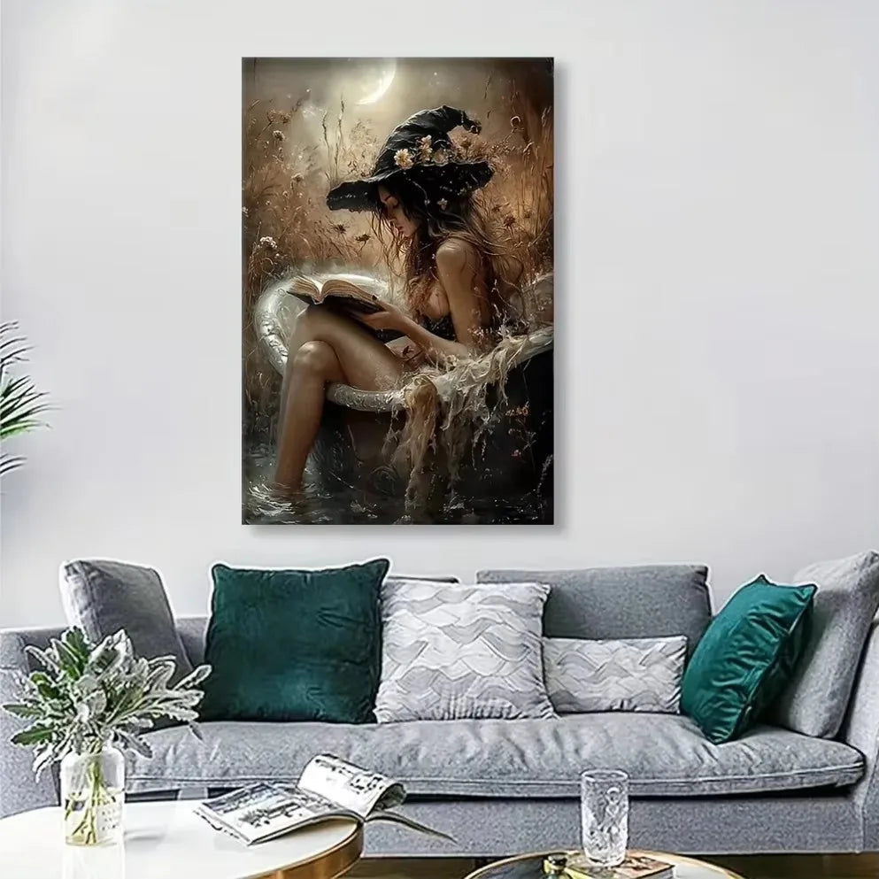 "Witch in Bathtub Canvas Mural: Dark Academia Witchy Decor – Perfect for Bathrooms | Ideal Halloween Gift"