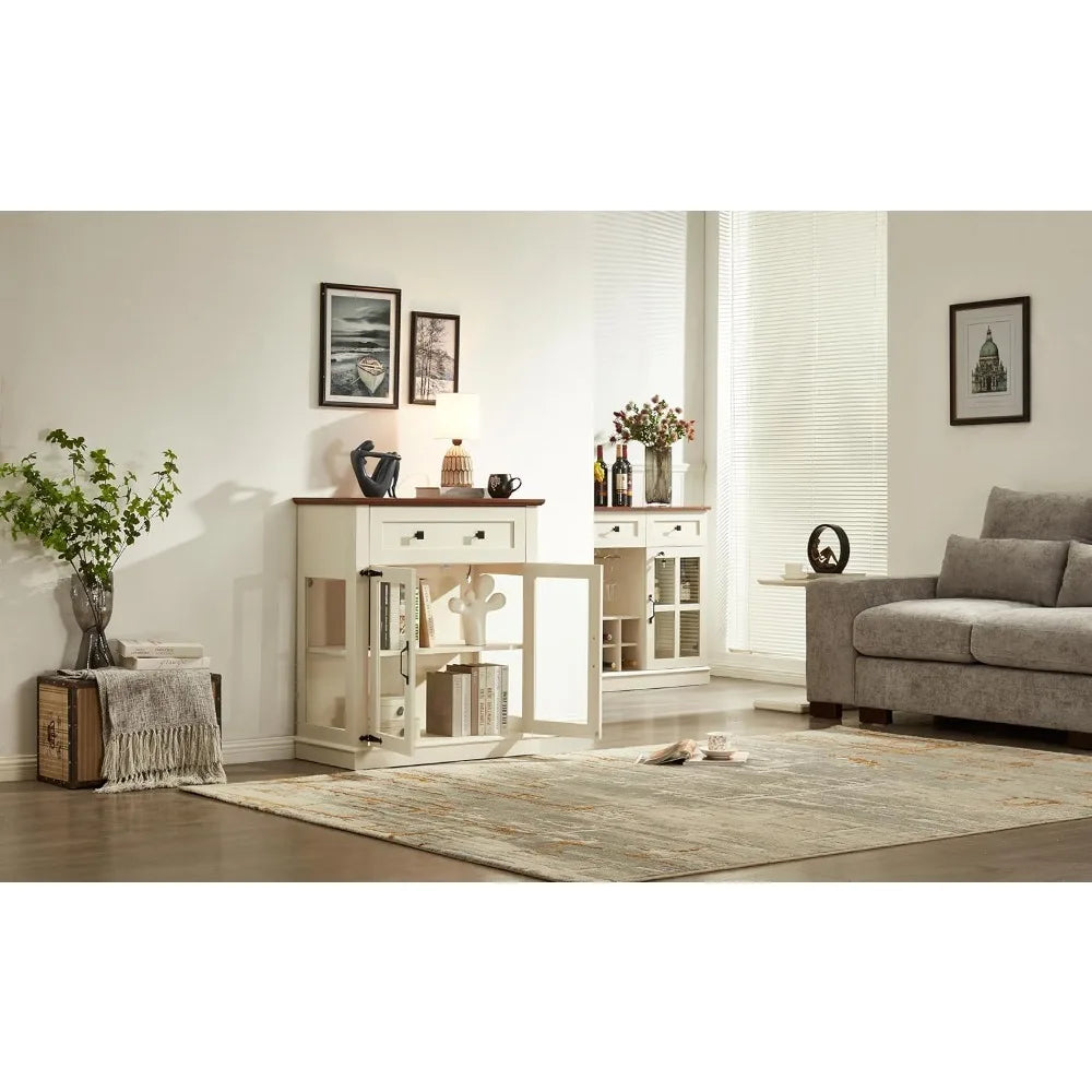 Small Buffet Cabinet with Glass Doors,Wood Coffee bar with Adjustable Shelf,Liquor Cabinet,for Living Room and Dining Room