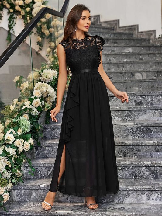 Women Evening Dresses 2024 Elegant Long Maxi Dress High Waist Round Neck Party Wedding Fashion Dress Spliced Lace Chiffon Dress