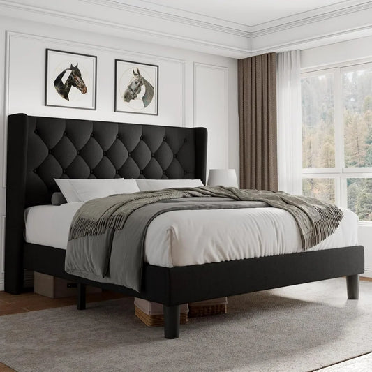 Bed Frame with Button Tufted Headboard, Upholstered Bed Frame with Solid Wooden Slats, 8" Underbed Space