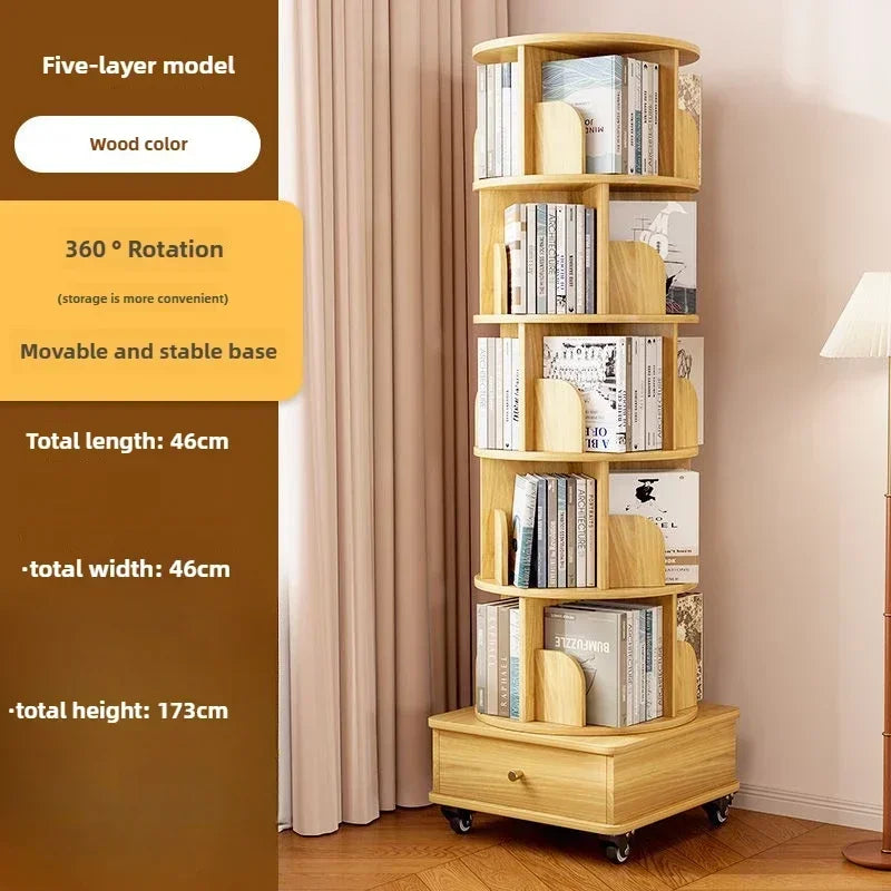 Rotating Bookshelf 360 Floor-to-ceiling Living Room Storage Shelf Home with Wheels Mobile Student Picture Book Shelf Bookcase
